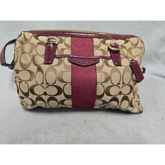 Coach Signature Monogram Canvas Burgundy Stripe Satchel Shoulder Bag Purse - Picture 2 of 7